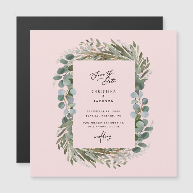 Elegant Eukalyptus Wedding Save the Date Blush Magneteinladung (Vorne/Hinten)