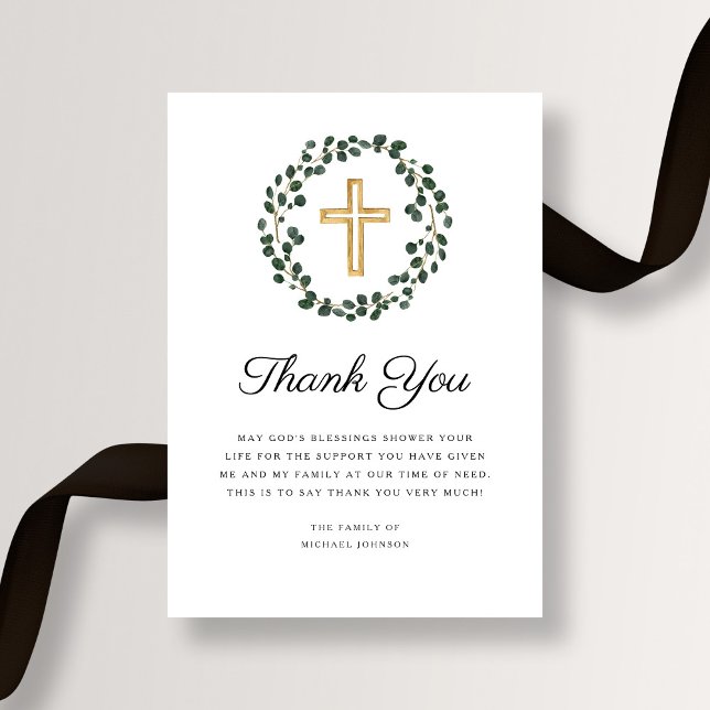 Elegant Eukalyptus Wreath Religious Cross Beerdigu Dankeskarte (Elegant Eucalyptus Wreath Religious Cross Funeral Thank You Card)
