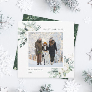 Elegant Evergreen & Cotton Flowers Photo Square Feiertagskarte