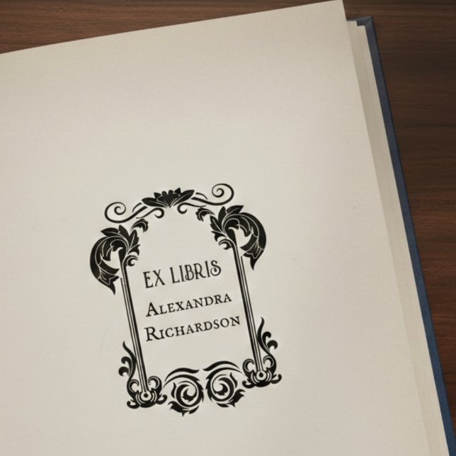 Elegant Ex Libris Gummistempel (elegant floral ex libris bookplate rubber stamp with custom name)