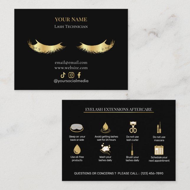 Elegant Eyelash Extensions Lash Aftercare Visitenkarte (Vorne/Hinten)