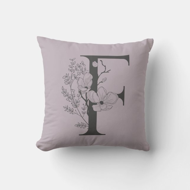 Elegant F Boho Floral Monogram Initial Lilac Gray Kissen (Vorderseite)