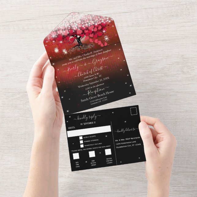 Elegant Fairy Lights Red Heart Leaf Tree Wedding A All In One Einladung (Abreißen)
