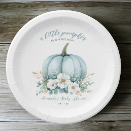 Elegant Fall Blue Pumpkin Floral Boy Baby Shower Pappteller