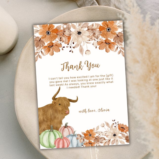 Elegant Fall Boho Floral Highland Cow Baby Shower Dankeskarte (Elegant Fall Boho Floral Highland Cow Baby Shower Thank You Card)