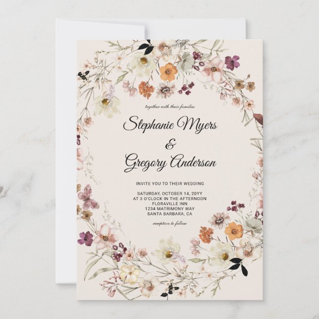 Elegant Fall Boho Wildblumen Hochzeit Einladung (Vorderseite)