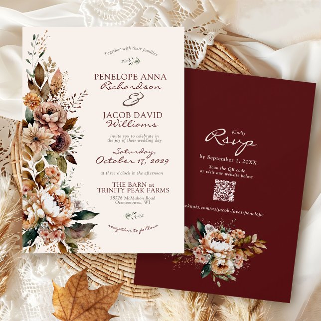 Elegant Fall Floral Burgundy Boho Autumn Wedding Einladung (Elegant watercolor Fall floral burgundy ivory terracotta rustic Autumn QR code wedding invitation)