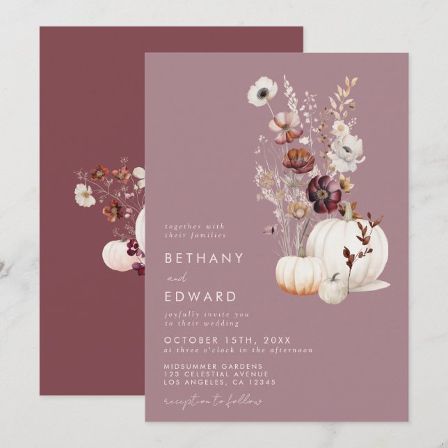 Elegant Fall Floral Pumpkin Hochzeit Einladung (Vorne/Hinten)