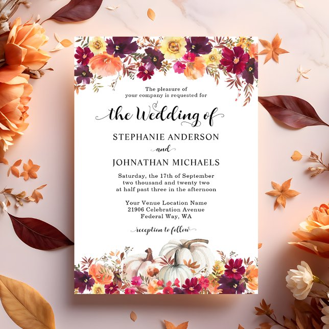 Elegant Fall Floral Pumpkin Hochzeit Einladung (Elegant Watercolor Fall Floral Pumpkin Wedding Invitation)