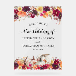Elegant Fall Floral Pumpkin Wedding Willkommen Acrylschild