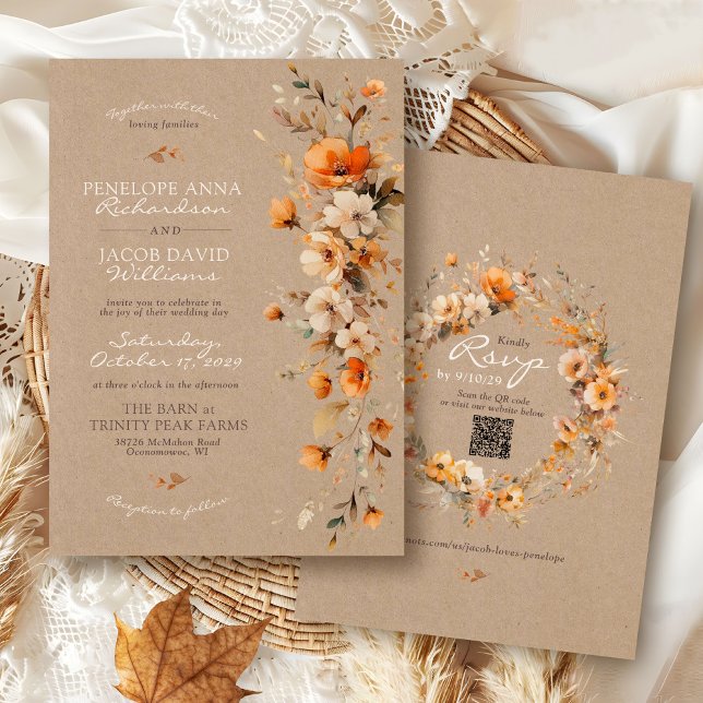 Elegant Fall Floral Rustic Kraft Autumn QR Wedding Einladung (Elegant Fall floral rustic kraft modern watercolor flowers boho QR code Autumn wedding invitation)