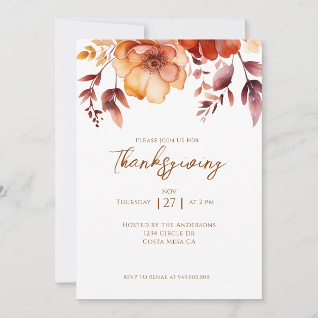 Elegant Fall Floral Thanksgiving Party  Einladung (Vorderseite)