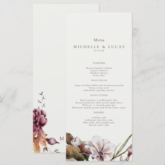 Elegant Fall Floral Wedding  Menükarte (Vorne/Hinten)