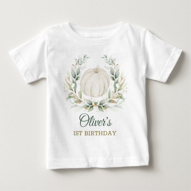 Elegant Fall Pumpkin Greenery Gold Birthday Boy Baby T-shirt (Vorderseite)