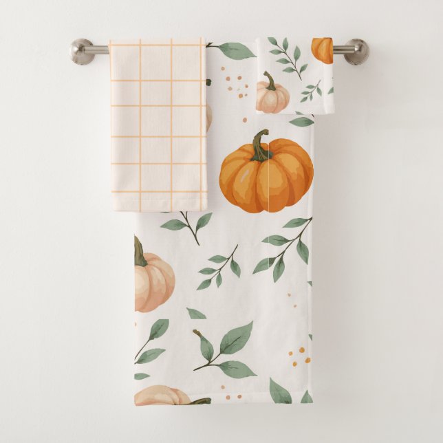  Elegant Fall Pumpkins Leaves Watercolor Pattern Badhandtuch Set (Insitu)