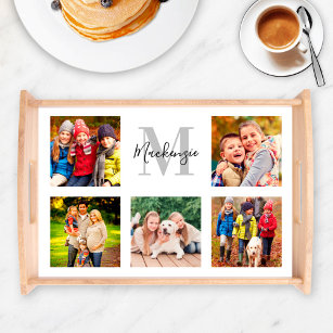 Elegant Family Monogram Custom Photo Collage Serviertablett
