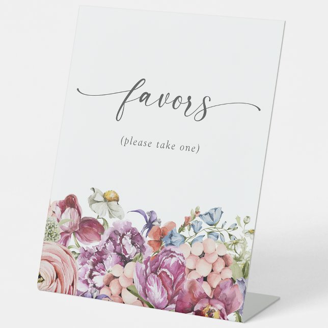 Elegant farbenfrohe Blumen Sockelschild (Elegant Colorful Floral Favors Bridal Shower Pedestal Sign by Painted Paperie
)
