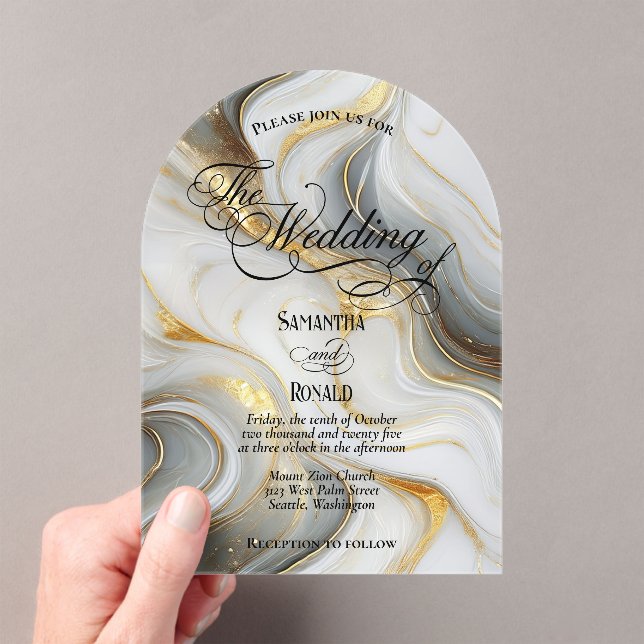 Elegant Faux Gold, Grey and White Marbled Wedding Acryleinladungen (Insitu (Handheld))
