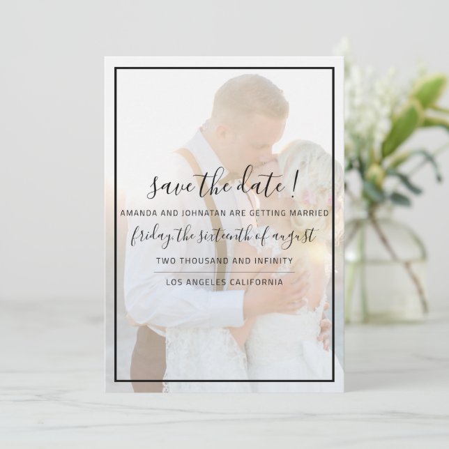Elegant Faux Vellum Overlay Photo Wedding Save The Date (Stehend Vorderseite)
