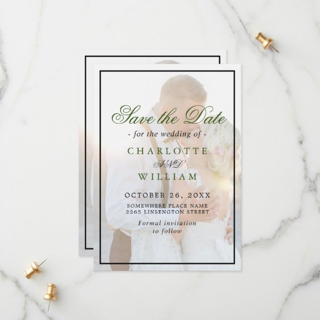 Elegant Faux Vellum Overlay Photo Wedding Save The Save The Date (Vorderseite/Rückseite Beispiel)