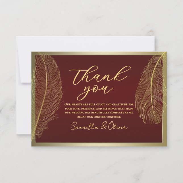 Elegant Feather Red Thank You Card  Luxury Event Dankeskarte (Vorderseite)