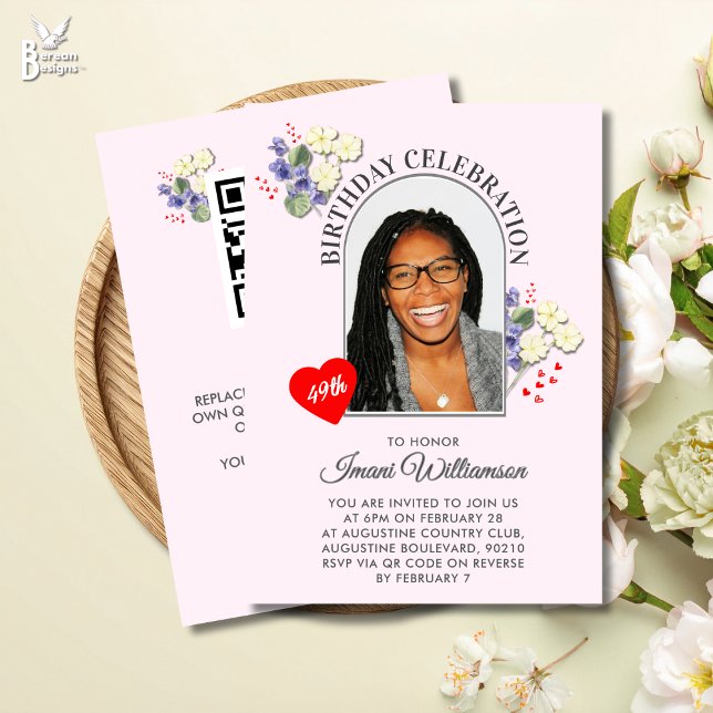 Elegant FEBRUARY Floral ANY AGE Photo Birthday Einladung (FEBRUARY BIRTHDAY Birth Month Flower ANY AGE Invitation with florals, QR and photo.)