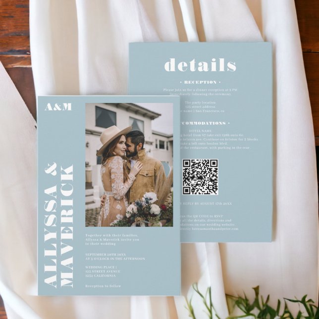 Elegant Feines Foto-Hochzeit Einladung (Elegant Bold simple white ice blue photo wedding Invitation)