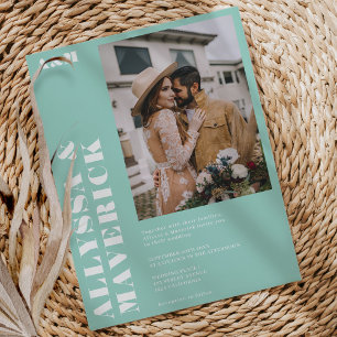 Elegant Feines, türkisfarbenes Foto Hochzeit Einladung