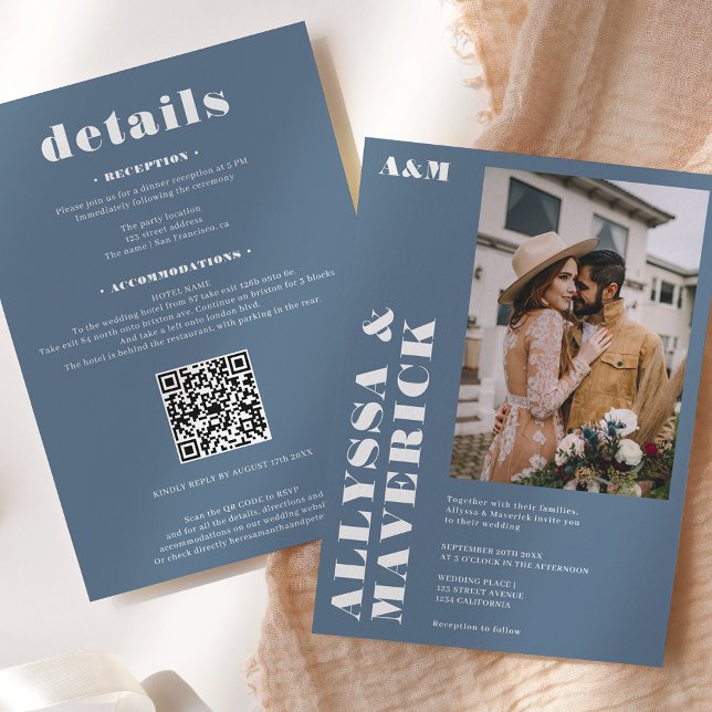 Elegant feines, weißes, staubblaues Foto Einladung (Von Creator hochgeladen)