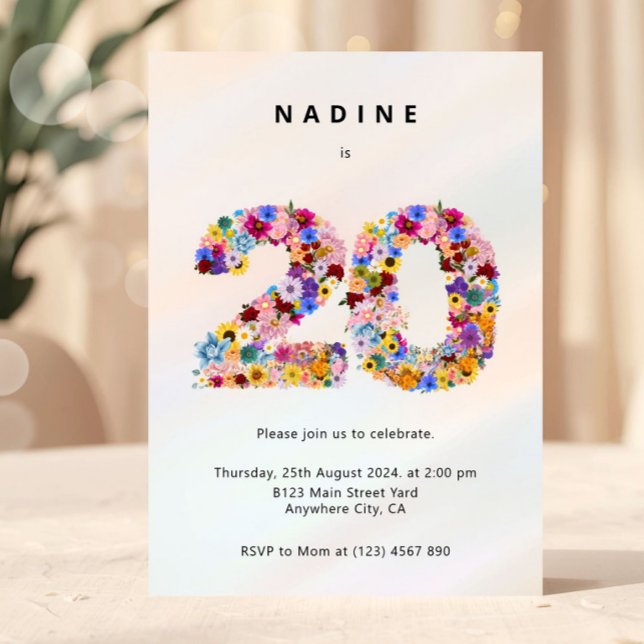 Elegant Feminine Chic Floral 20th Birthday Einladung (floral birthday invitation, 20th birthday invite, flower number invitation, feminine birthday invite)