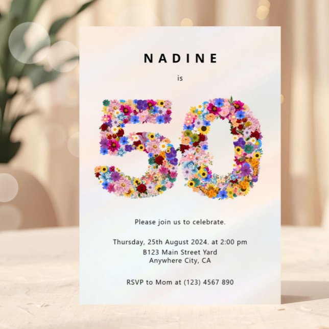 Elegant Feminine Chic Floral 50th Birthday Einladung (50th birthday invitation, floral 50 invite, fifty birthday party invite, elegant birthday invite, fl)