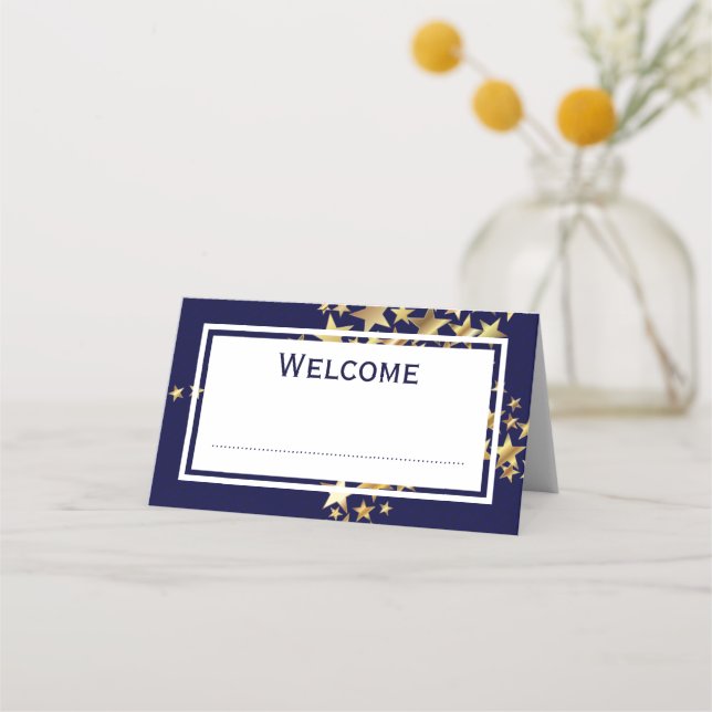 Elegant Festive | Gold Stars für Navy Blue Platzkarte (Vorderseite)