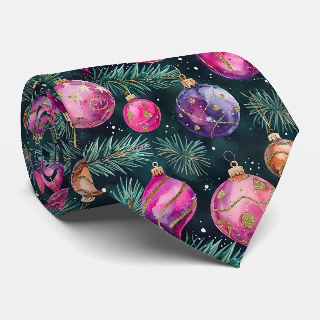 Elegant Festive Pink Christmas Baubles Pattern Krawatte (Gerollt)