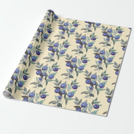 Elegant Festive Watercolor Blue Berries on Beige Geschenkpapier