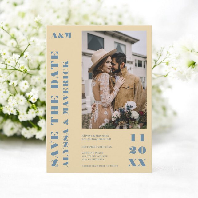 Elegant Fett-Gelb 2 Fotos Hochzeit Save The Date (Elegant Bold blue yellow 2 photos wedding Save The Date)