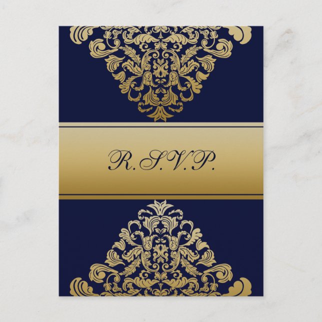 Elegant Filigree Navy Gold Wedding Einladungspostkarte (Vorderseite)