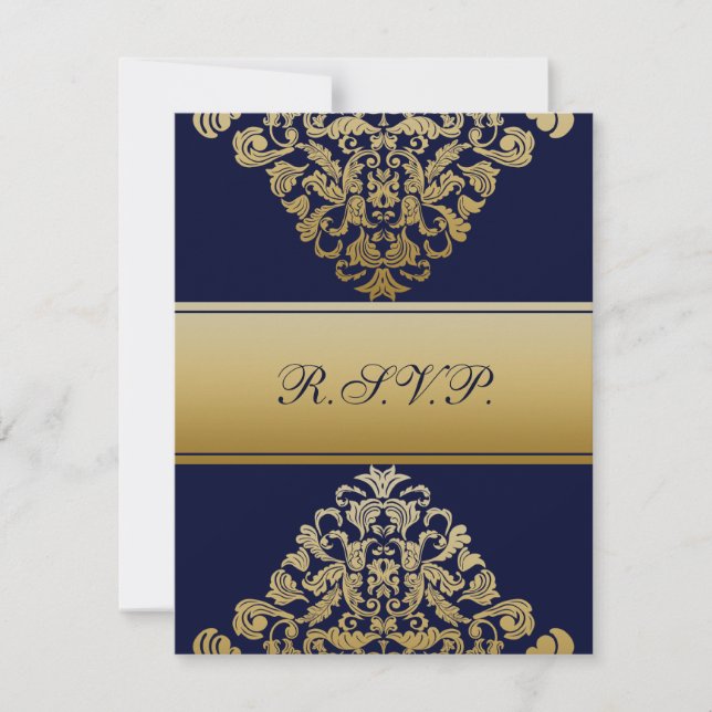 Elegant Filigree Navy Gold Wedding RSVP Karte (Vorderseite)