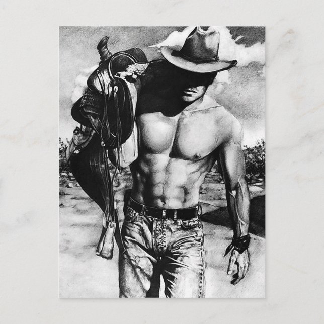 Elegant Fine Art Zeichnend Sexy Cowboy Postkarte (Vorderseite)