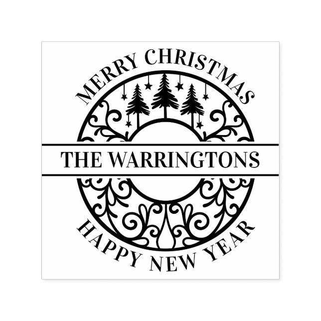 Elegant Fir Trees Stars Lacy Filigree Family Name Permastempel (Design)