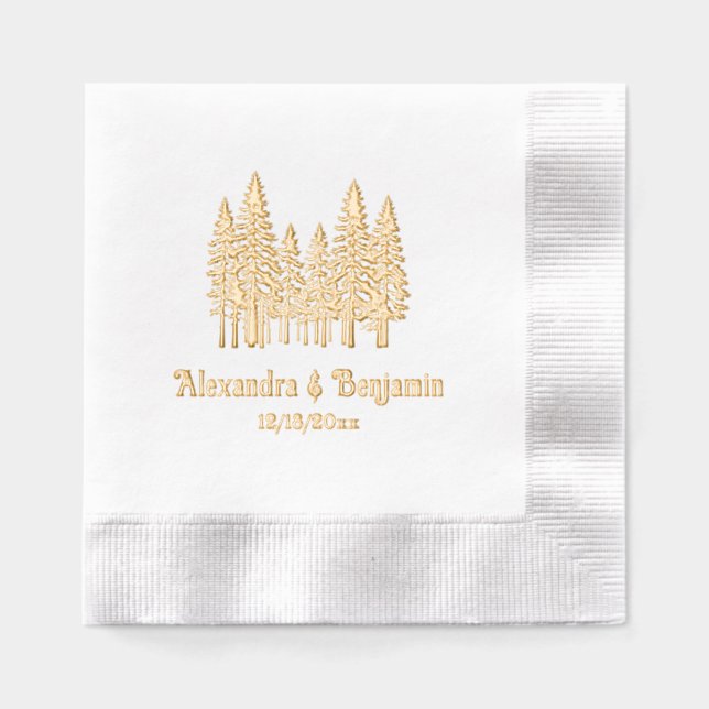 Elegant Fir Trees Wedding Couple Name Date Servietten Mit Folie (Vorderseite)