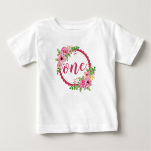 Elegant First Birthday Floral Wreath   Romper Baby T-shirt