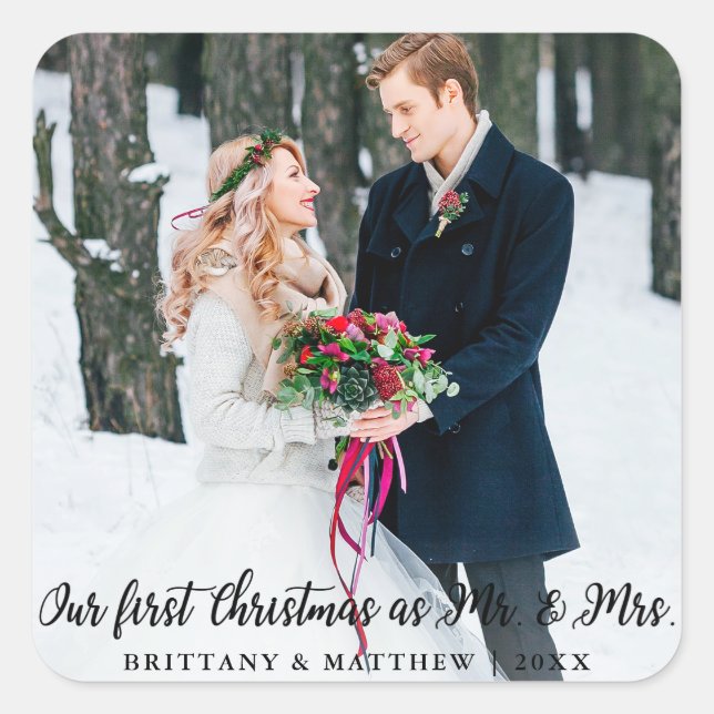 Elegant First Christmas als Mr. und Mrs. Quadratischer Aufkleber (Vorderseite)