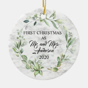 Elegant First Christmas Married Greenery Marble Keramik Ornament