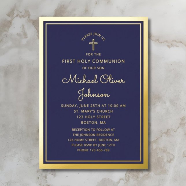 Elegant First Communion Navy Blue Boy Gold Folieneinladung (Elegant First Communion Navy Blue Boy Gold Foil Invitation)