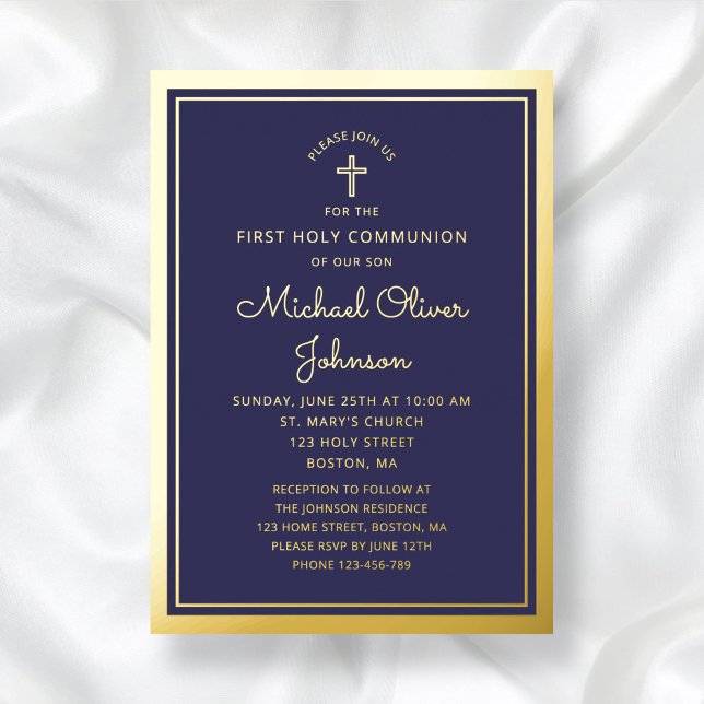 Elegant First Communion Navy Blue Boy Gold Folieneinladung (Elegant First Communion Navy Blue Boy Gold Foil Invitation)