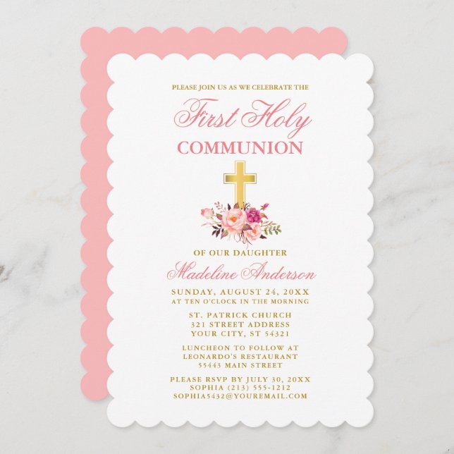 Elegant First Communion Wasserfarbe Rosa Einladung (Vorne/Hinten)