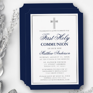 Elegant First Heilige Kommunion Blau und Silber Einladung