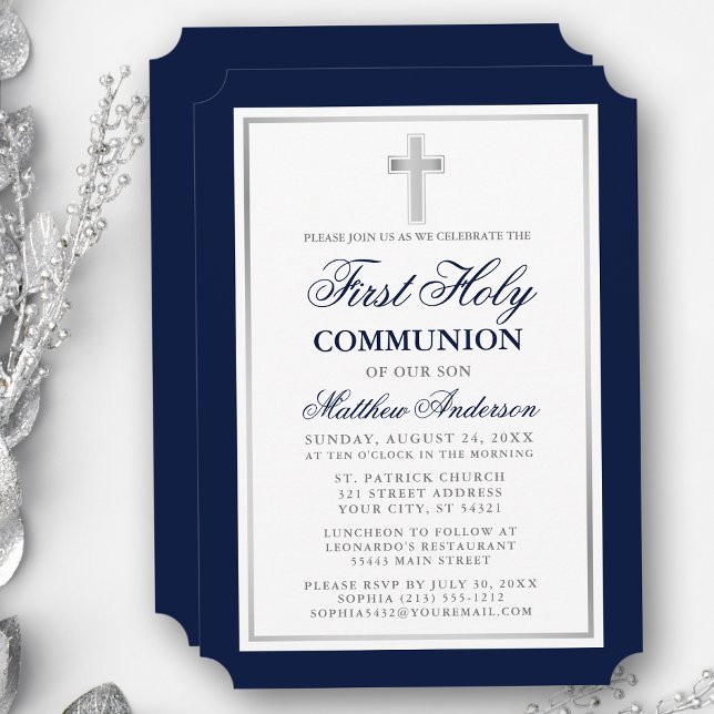 Elegant First Heilige Kommunion Blau und Silber Einladung (Customize to change text size, style, color or to add more text or photos to back of card.)