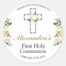 Elegant First Heilige Kommunion Blumenkreuz Runder Aufkleber
