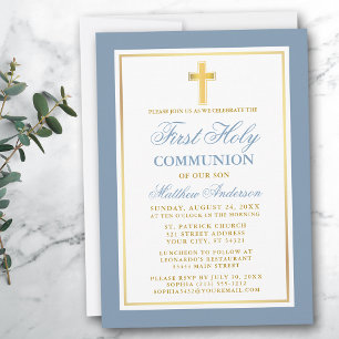 Elegant First Holy Communion Dusty Blue Gold Einladung